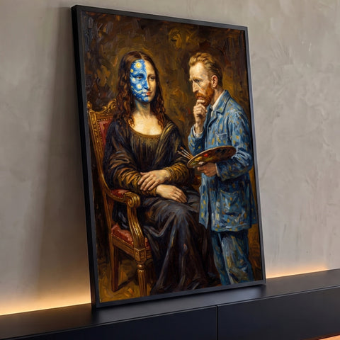 Mona Lisa com rosto em Noite Estrelada posando para Van Gogh com paleta, quadro decorativo