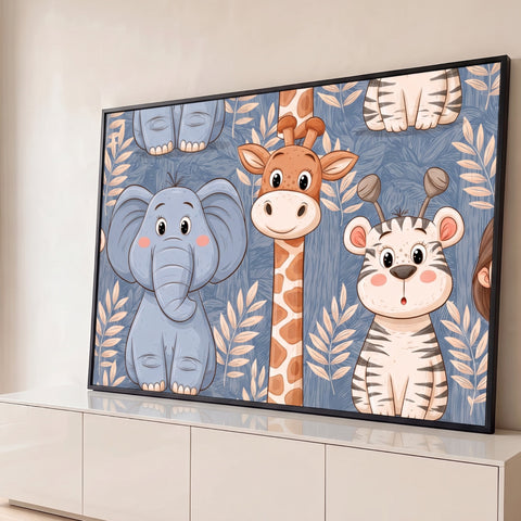 Elefante, girafa e zebra fofos em desenho cartoon com folhas bege sobre fundo azul, quadro decorativo