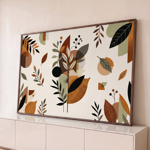 Ilustração botânica de folhas e ramos com formas geométricas em terracota, sálvia e preto, quadro decorativo