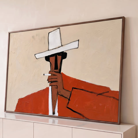 Pintura modernista de homem com chapéu branco e casaco vermelho fumando em fundo bege, quadro decorativo