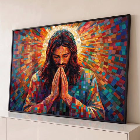 Jesus orando de mãos postas com halo dourado em mosaico colorido laranja e azul, quadro decorativo