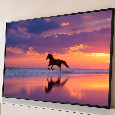 Cavalo galopando nas ondas da praia sob céu roxo de pôr do sol, com reflexo na areia, quadro decorativo