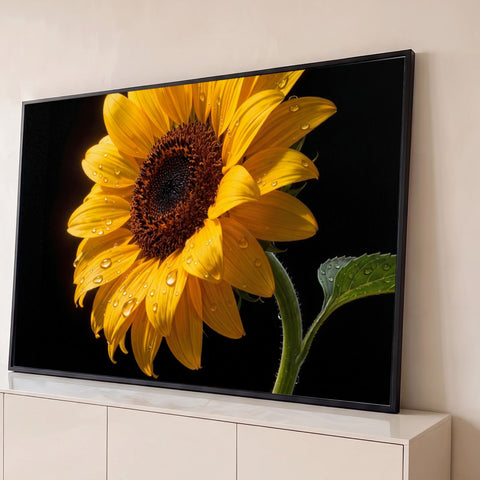 Girassol amarelo em close com gotas de água nas pétalas e folha verde sobre fundo preto, quadro decorativo