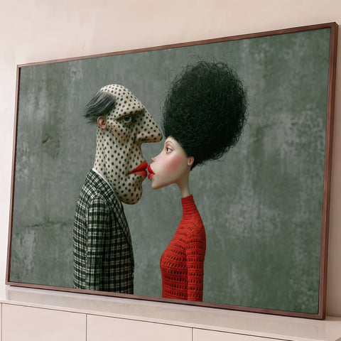 Casal surreal se beijando, homem de bolinhas e blazer xadrez, mulher de suéter vermelho, quadro decorativo