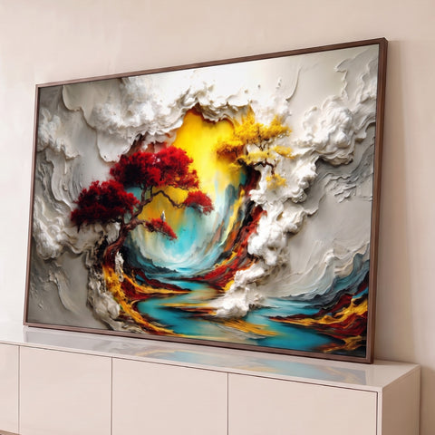 Árvore vermelha e árvore amarela sobre rio turquesa entre nuvens brancas em relevo 3D, quadro decorativo