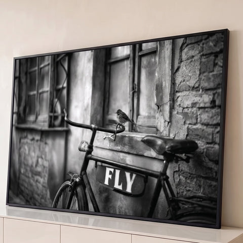 Bicicleta antiga com pássaro no guidão e placa FLY em parede de tijolos, preto e branco, quadro decorativo