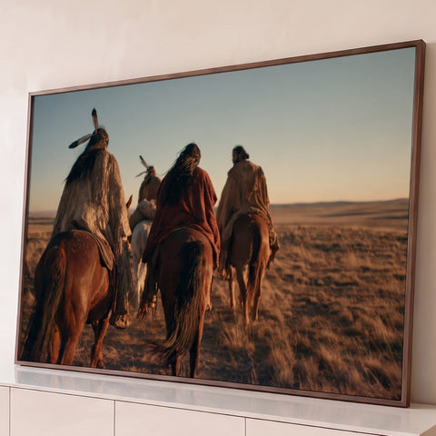 Indígenas com penas cavalgando de costas pela pradaria dourada ao entardecer, quadro decorativo