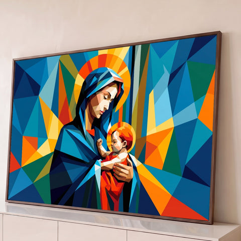 Virgem Maria com Menino Jesus no colo em arte geométrica cubista azul, laranja e dourada, quadro decorativo