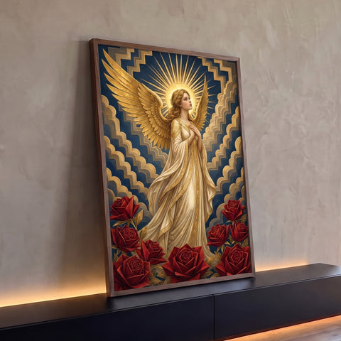 Quadro Decorativo Grande Anjo com Rosas para Sala Dourado | quadros decorativos para sala | anjo dourado com halo radiante, mãos em oração, rosas vermelhas sobre fundo azul | Porao dos Quadros