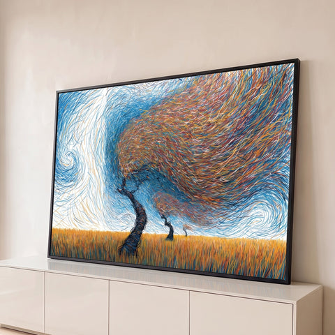 Árvores curvadas ao vento em trigal dourado sob céu azul em espiral feito de linhas, quadro decorativo