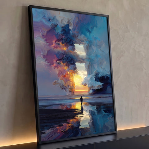 Silhueta caminhando na água refletida sob portal de nuvens azuis com pôr do sol, quadro decorativo