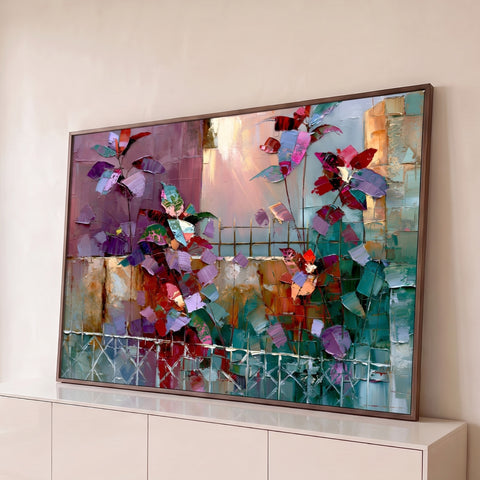 Folhagem roxa e vermelha subindo por cerca em fundo verde água, pintura em espátula, quadro decorativo