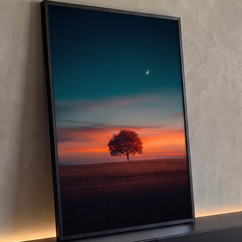 Árvore solitária em campo ao entardecer, céu azul e laranja com lua crescente, quadro decorativo