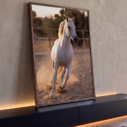 Cavalo branco galopando e levantando poeira em picadeiro de areia ao pôr do sol, quadro decorativo