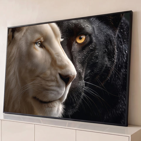 Rosto de leão branco de olhos azuis ao lado de pantera negra de olhos âmbar com gotas de água, quadro decorativo