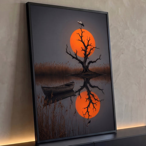 Árvore seca com cegonha diante de sol laranja refletido em lago com barco e juncos, quadro decorativo