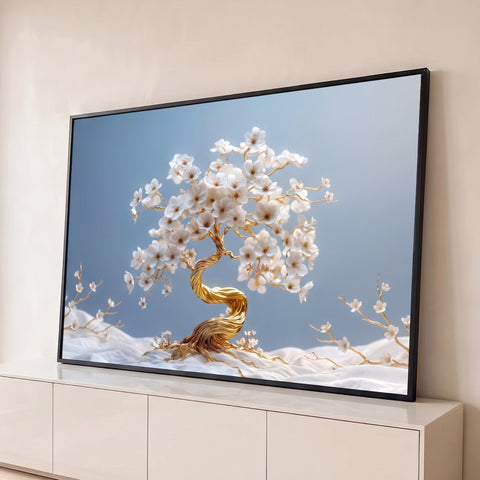 Árvore bonsai de tronco dourado com flores brancas de cerejeira sobre fundo azul claro, quadro decorativo