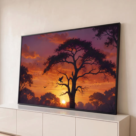 Árvore em silhueta com pássaros voando sob pôr do sol laranja e roxo, quadro decorativo