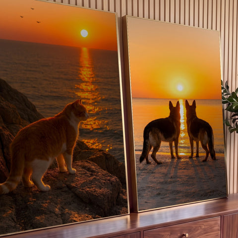 Quadro Decorativo Kit 2 Telas Gato e Cães para Sala Laranja | quadros decorativos para sala | gato e dois cães observando o pôr do sol sobre o mar em cenas separadas | Porao dos Quadros