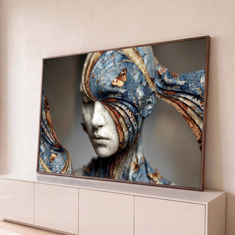 Rosto de escultura rachada envolto em véu azul e cobre com borboletas, arte surreal, quadro decorativo