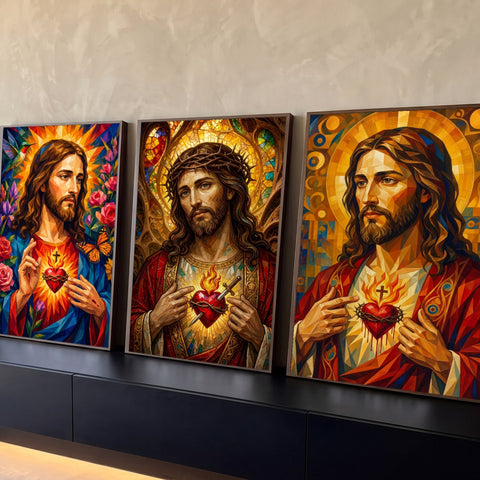 Quadro Decorativo Kit 3 Telas Sagrado Coração para Sala | quadros decorativos para sala | três painéis de Jesus Cristo com coração sagrado em mosaico geométrico dourado | Porao dos Quadros