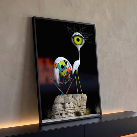 Garça branca de olho verde e criatura colorida sobre rocha em fundo preto, quadro decorativo