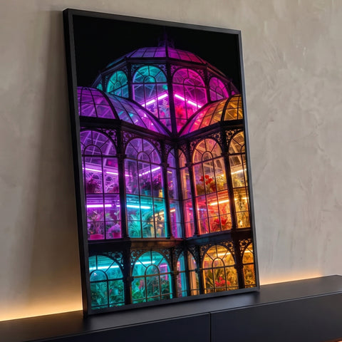 Estufa vitoriana de vidro e ferro iluminada em neon roxo, rosa e âmbar com plantas, quadro decorativo