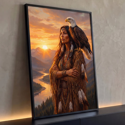 Mulher indígena com águia no ombro ao pôr do sol sobre montanhas e rio, pintura a óleo, quadro decorativo