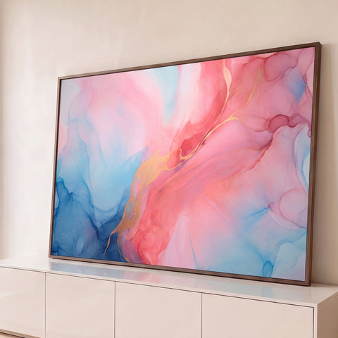 Pintura abstrata fluida em rosa e azul com veios dourados, efeito tinta alcoólica, quadro decorativo