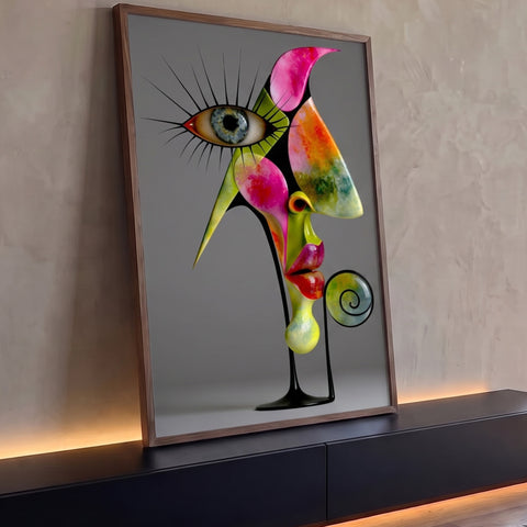 Rosto surreal de perfil com olho realista, lábios e formas rosa e verde, quadro decorativo