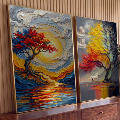 Quadro Decorativo Kit 2 Telas Árvores Outonais para Sala | quadros decorativos para sala | árvores coloridas texturizadas com sol dourado e cavalo branco em paisagem estilizada | Porao dos Quadros
