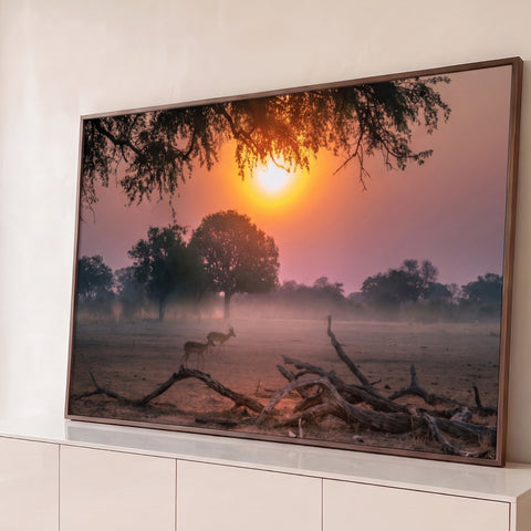 Impalas na savana africana ao pôr do sol laranja, árvores na névoa e galhos secos, quadro decorativo