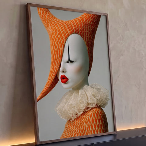 Mulher de rosto branco estilo arlequim com capuz de rede laranja e gola de renda, quadro decorativo