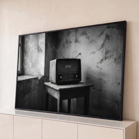 Rádio antigo com antenas sobre banquinho de madeira em sala envelhecida, preto e branco, quadro decorativo