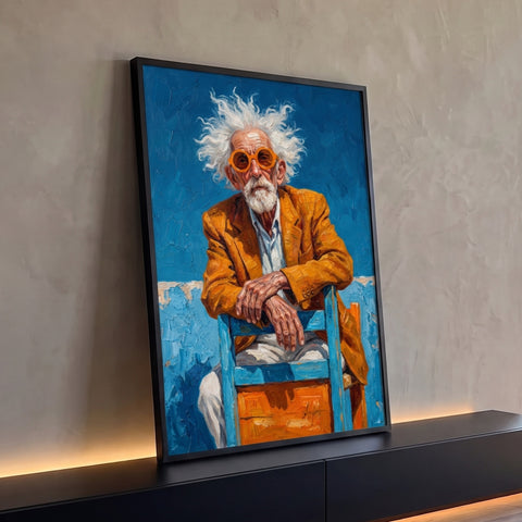 Senhor de cabelo branco e óculos laranja sentado em cadeira azul, pintura em impasto, quadro decorativo