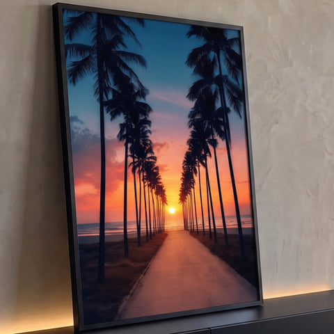 Alameda de coqueiros em silhueta levando ao sol se pondo sobre o mar, céu laranja, quadro decorativo
