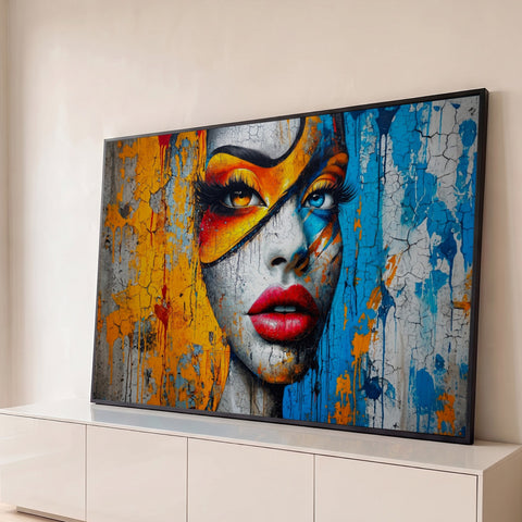 Rosto feminino grafitado, lábios vermelhos, tinta escorrida amarela e azul e textura rachada, quadro decorativo