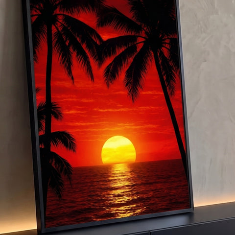 Pôr do sol vermelho no mar com silhuetas de palmeiras e reflexo dourado na água, quadro decorativo
