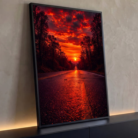 Estrada de asfalto molhado entre árvores sob céu vermelho ao pôr do sol, quadro decorativo