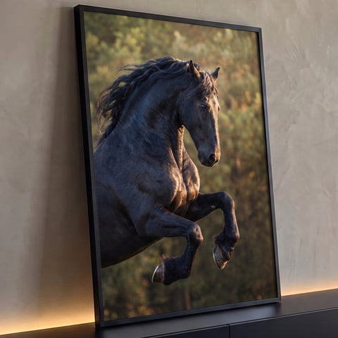 Quadro Decorativo Grande Cavalo Frísio para Sala Preto | quadros decorativos para sala | cavalo preto empinado com crina esvoaçante e luz dourada sobre fundo verde desfocado | Porao dos Quadros