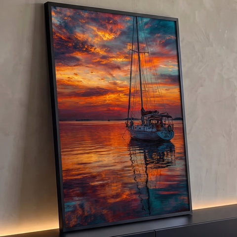 Veleiro ancorado em mar calmo refletindo céu de pôr do sol laranja e azul em pintura, quadro decorativo
