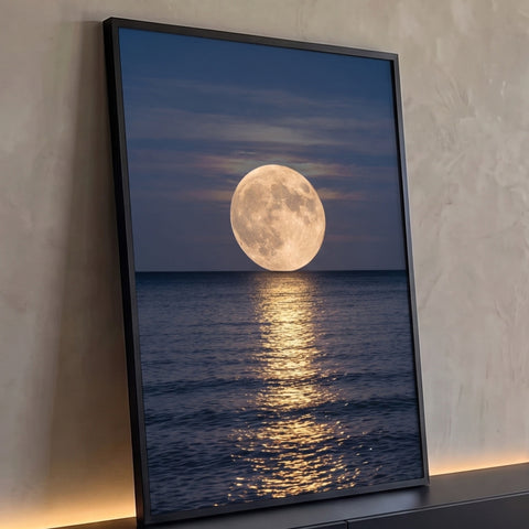 Quadro Decorativo Grande Lua Cheia Dourada para Sala Azul | quadros decorativos para sala | lua cheia dourada refletida no mar sob céu azul escuro com nuvens | Porao dos Quadros