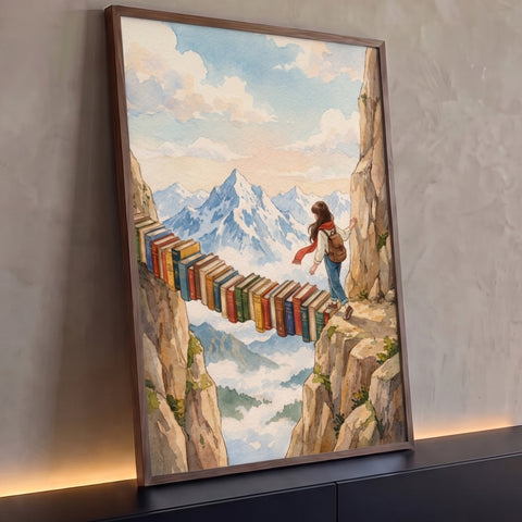 Menina atravessando ponte de livros entre penhascos e montanhas nevadas em aquarela, quadro decorativo