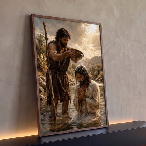 João Batista derramando água sobre Jesus orando no Rio Jordão sob raios de sol, quadro decorativo