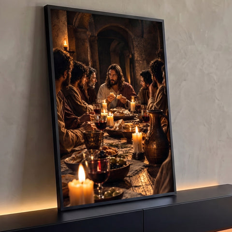Jesus partindo o pão com os discípulos na Santa Ceia à luz de velas e vinho, quadro decorativo