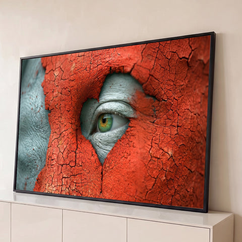 Olho verde espiando por rosto coberto de tinta laranja rachada, arte surreal, quadro decorativo