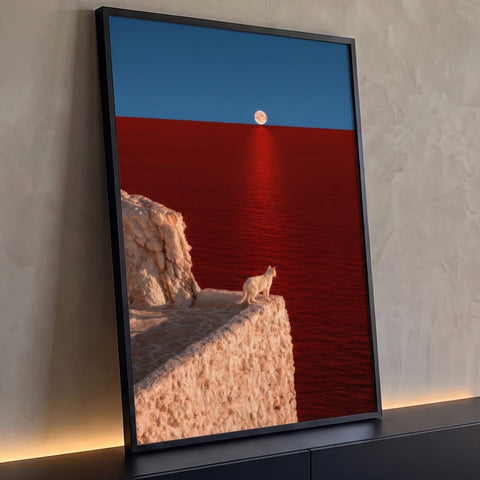 Gato branco em muro de pedra clara olhando a lua cheia sobre mar vermelho e céu azul, quadro decorativo