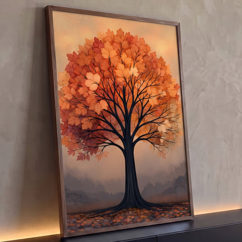 Quadro Decorativo Árvore de Outono em Tons Laranja e Dourado | quadros decorativos para sala | árvore solitária com folhagem laranja e dourada sobre céu brilhante ao entardecer | Porao dos Quadros