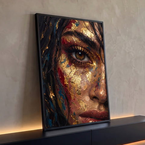 Close de rosto de mulher com olho castanho, folhas de ouro e pinceladas vermelhas e azuis, quadro decorativo