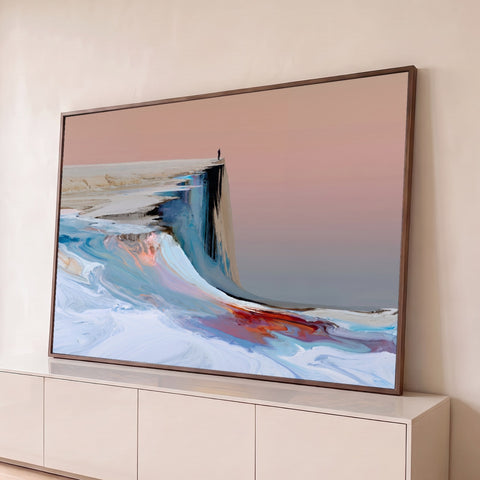Figura solitária no alto de um penhasco que se derrete em tinta azul e vermelha sob céu rosa, quadro decorativo